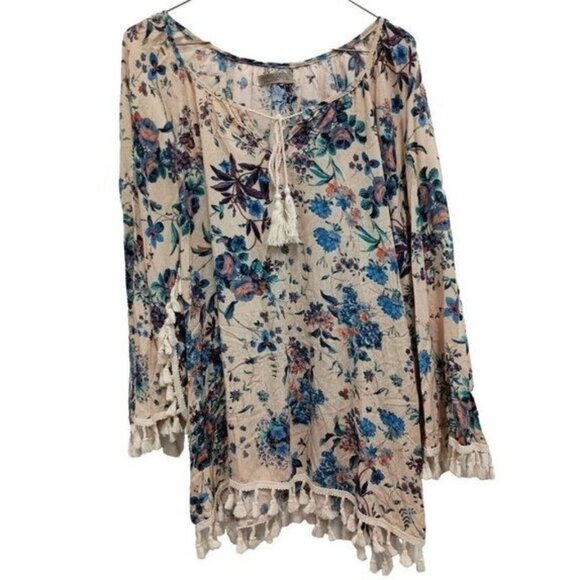 Anandas Collection Womens BOHO Cottagecore Top Large Floral Tassel Flare Sleeve - Picture 1 of 8